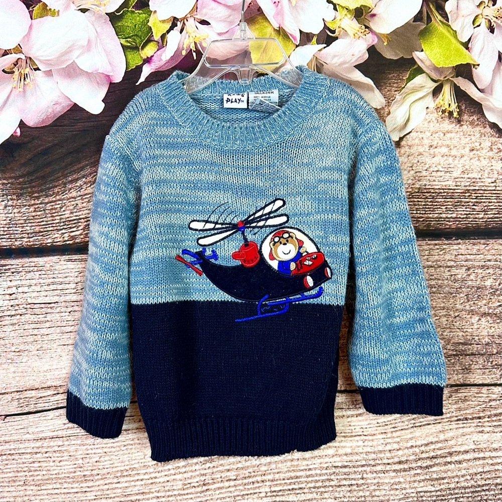 Kids Play Toddler Boys Acrylic Blue Helicopter Bear Animal Printed Sweater 24M